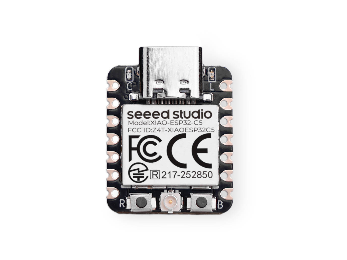 The Seeed Studio XIAO ESP32-C5, a thumb-sized board with a USB-C connector, a shielded module and two buttons